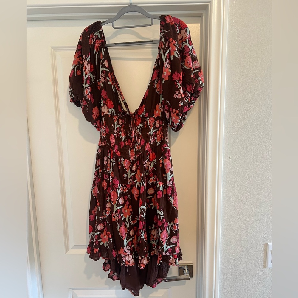 Free People floral mini dress in maroon and pink